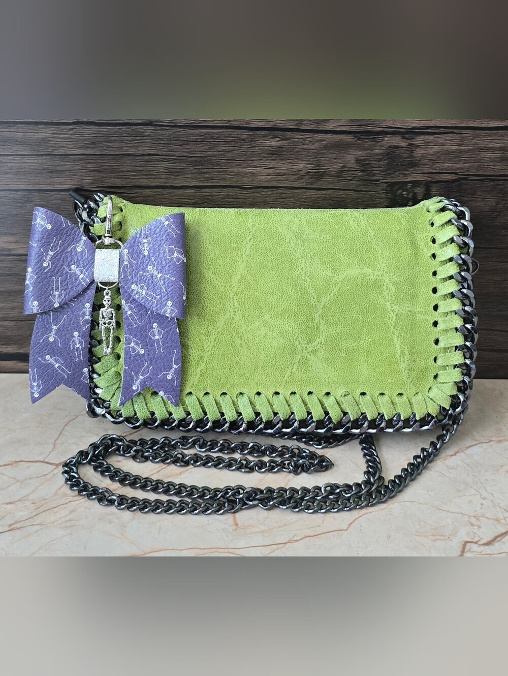Green Italian Leather Crossbody Clutch with Chain Strap